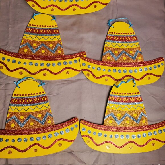 Cute Sombrero Yellow Glitter Hanging Sign Decor Fiesta Party Decoration Set of 5 - Picture 2 of 5
